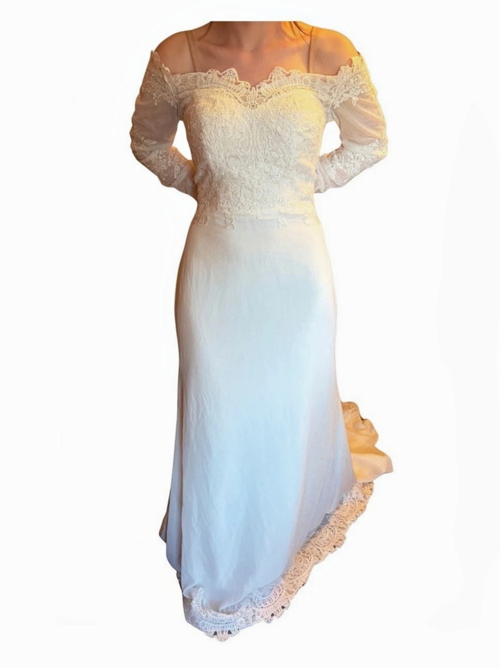 JJ's House Off-The-Shoulder Lace Illusion Wedding Dress - Size 6 (Unaltered)